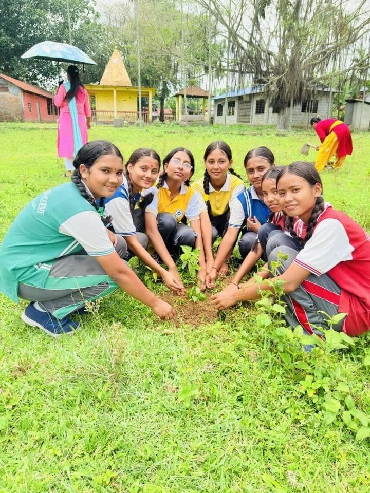 Students planting a tree together on the Bright Beginning Academy campus